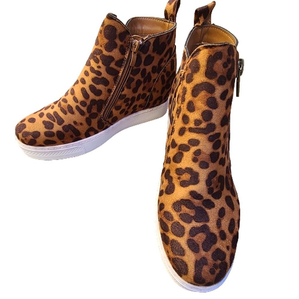 BAMBOO Leopard Print Faux Suede Wedge Sneakers – Dual Zipper Women's Ankle Boots - Picture 2 of 8
